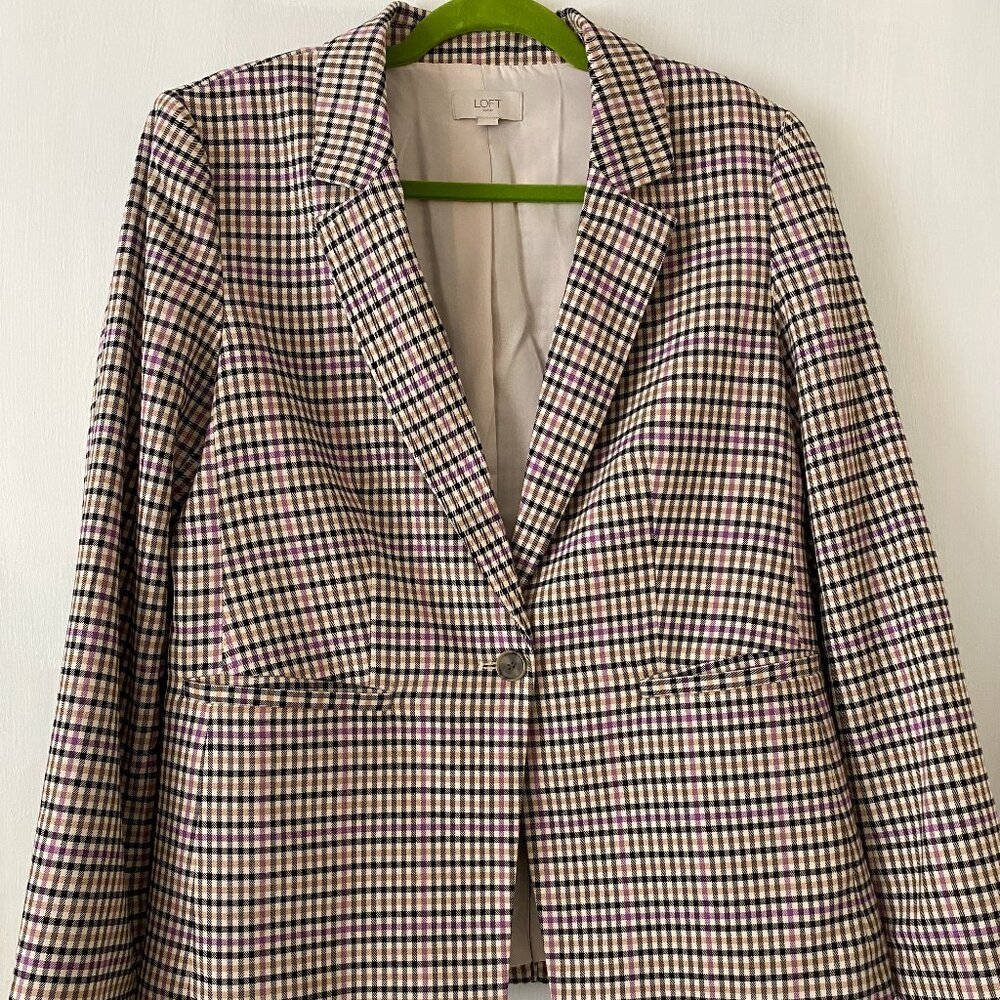 Ann Taylor Outlet Womens Lined Tartan Plaid Blazer in Black Beige Purple Size 10